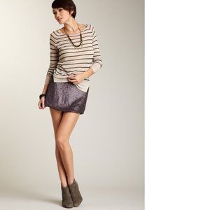 NEW Leyendecker Stallion Metallic Sequin Glam Silk Mini Skirt Silver Purple Egg